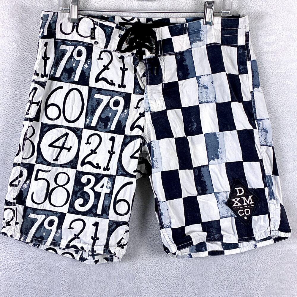 Deus Ex Machina Board Shorts Men 34 Black White Stretch Checkerboard AOP Surf